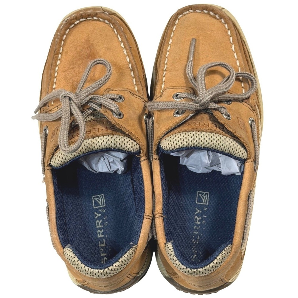 Sperry Top-Sider Lanyard Boys Boat Shoes Tan Leather Mesh 1M YB46122A EUC